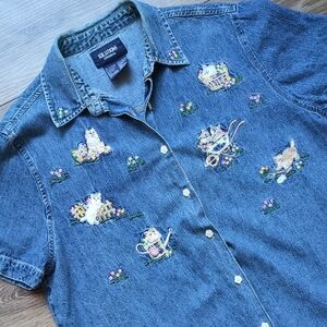 Vtg Kitty Cat Floral Garden Denim Button Down Shirt - Short Sleeve - Solutions M